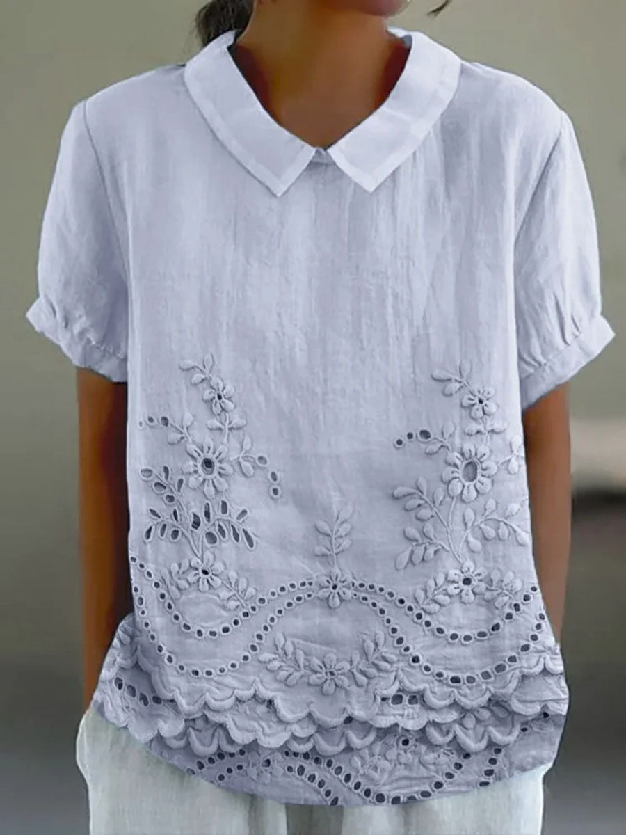 Soft Pink Shirt with Floral Embroidery at Hem and Cotton Linen Blend
