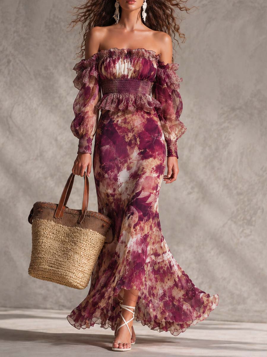 Watercolor Floral Chiffon Maxi Dress with Off-Shoulder Ruffles and Smocked Waist
