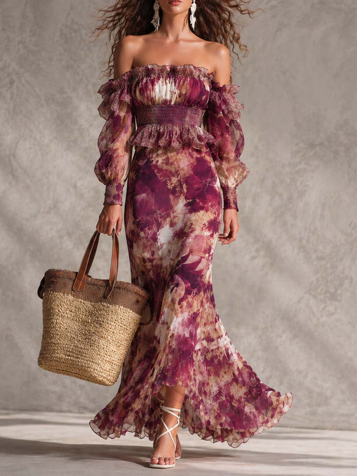 Watercolor Floral Chiffon Maxi Dress with Off-Shoulder Ruffles and Smocked Waist