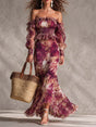 Watercolor Floral Chiffon Maxi Dress with Off-Shoulder Ruffles and Smocked Waist