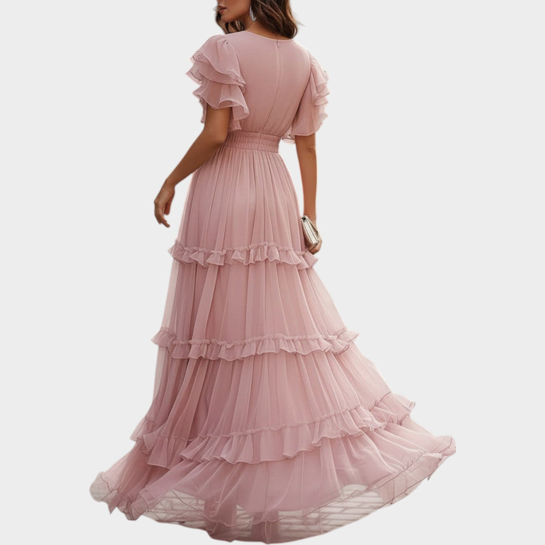 Maxi Dress with Tiered Ruffle Layers and Deep V-Neckline, Wrap Bodice