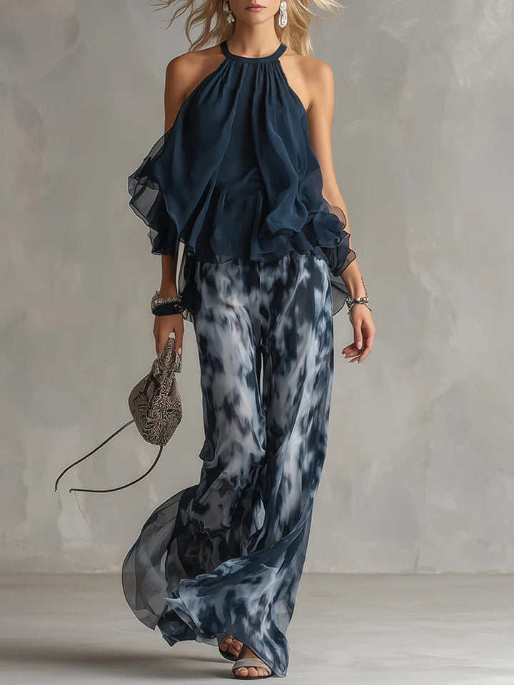 Abstract Print Chiffon Top with Double-Layered Construction and Flowing Design