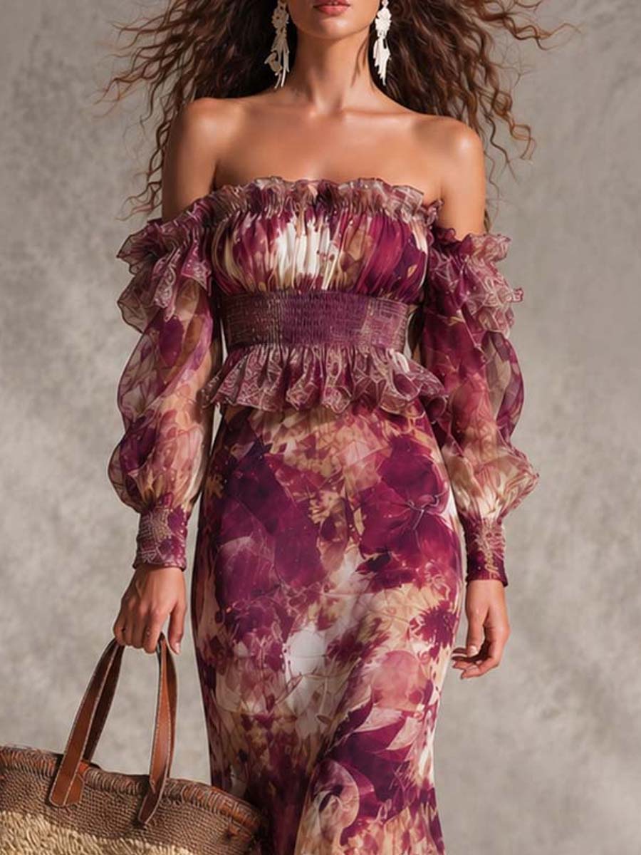 Watercolor Floral Chiffon Maxi Dress with Off-Shoulder Ruffles and Smocked Waist