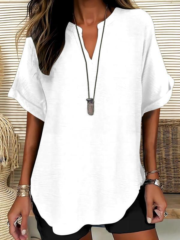 Breathable Notched-Neckline Blouse with Soft-Touch Fabric and Relaxed Fit