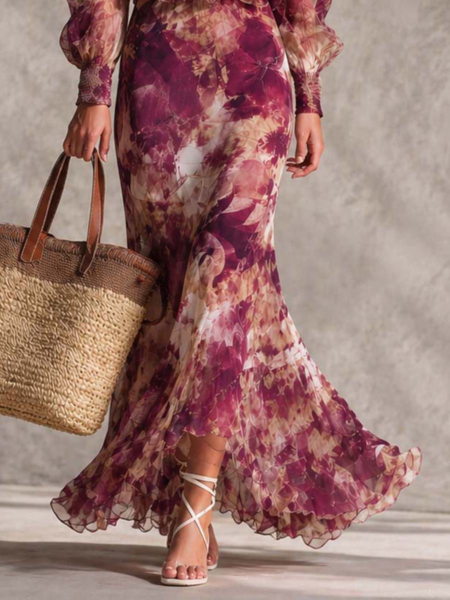 Watercolor Floral Chiffon Maxi Dress with Off-Shoulder Ruffles and Smocked Waist