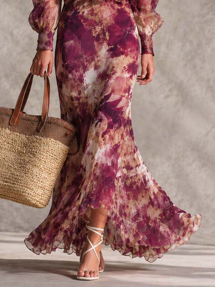 Watercolor Floral Chiffon Maxi Dress with Off-Shoulder Ruffles and Smocked Waist