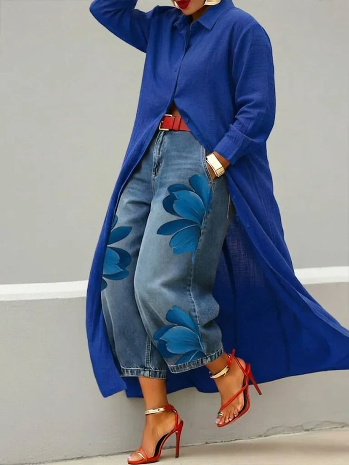 Linen-Cotton Shirt Dress with Red Floral Wide-Leg Jeans Set