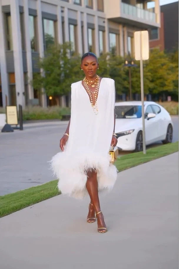 Midi Dress with Deep-V Neckline and Feather Hem Detail, White Sleeveless
