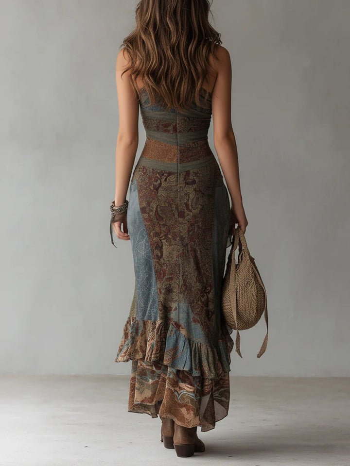 Asymmetric One-Shoulder Maxi Dress with Ethnic Print and High Side Slit