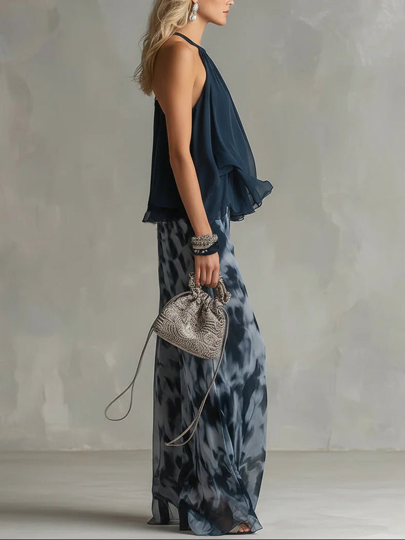 Abstract Print Chiffon Top with Double-Layered Construction and Flowing Design