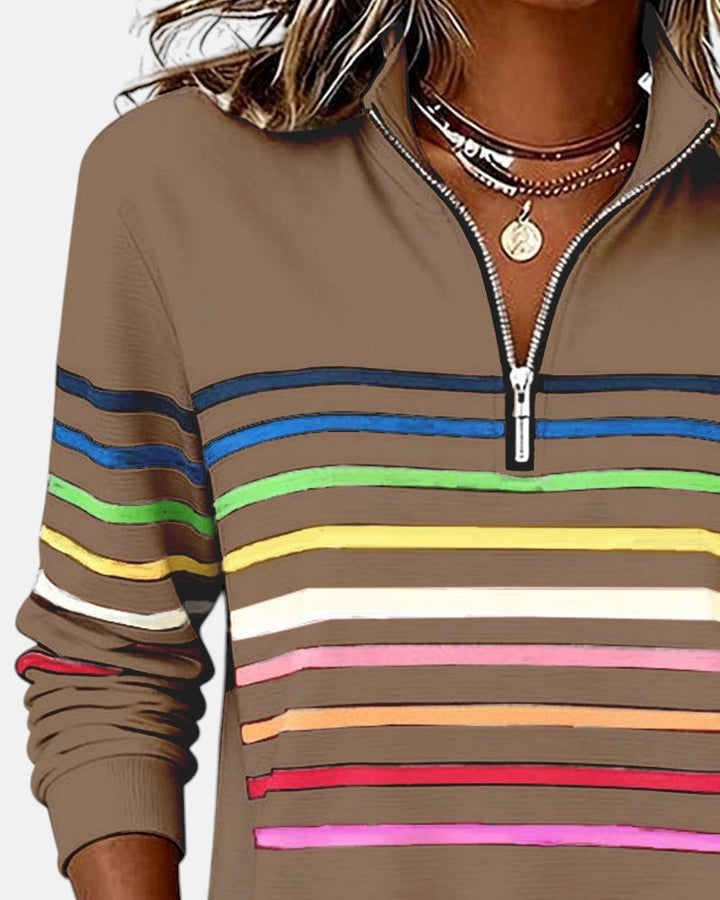 Rainbow Striped Half-Zip Sweatshirt with Stand-Up Collar