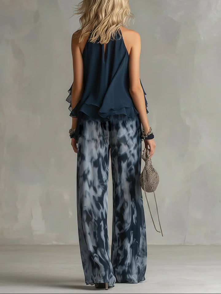 Abstract Print Chiffon Top with Double-Layered Construction and Flowing Design