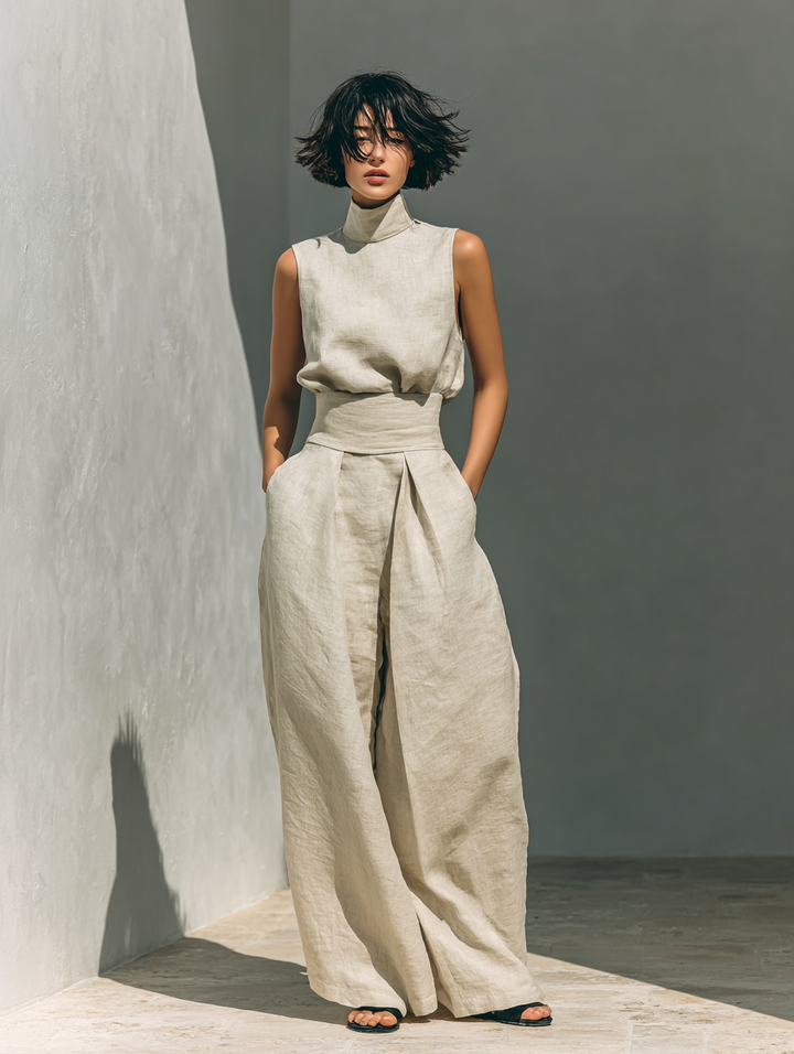 Women's Tank Top and Wide-Leg Pants Set with Cotton Linen Blend