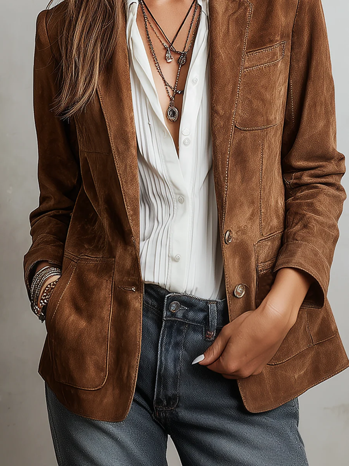 Camel Brown Faux Suede Jacket with Lapel Collar and Side Pockets