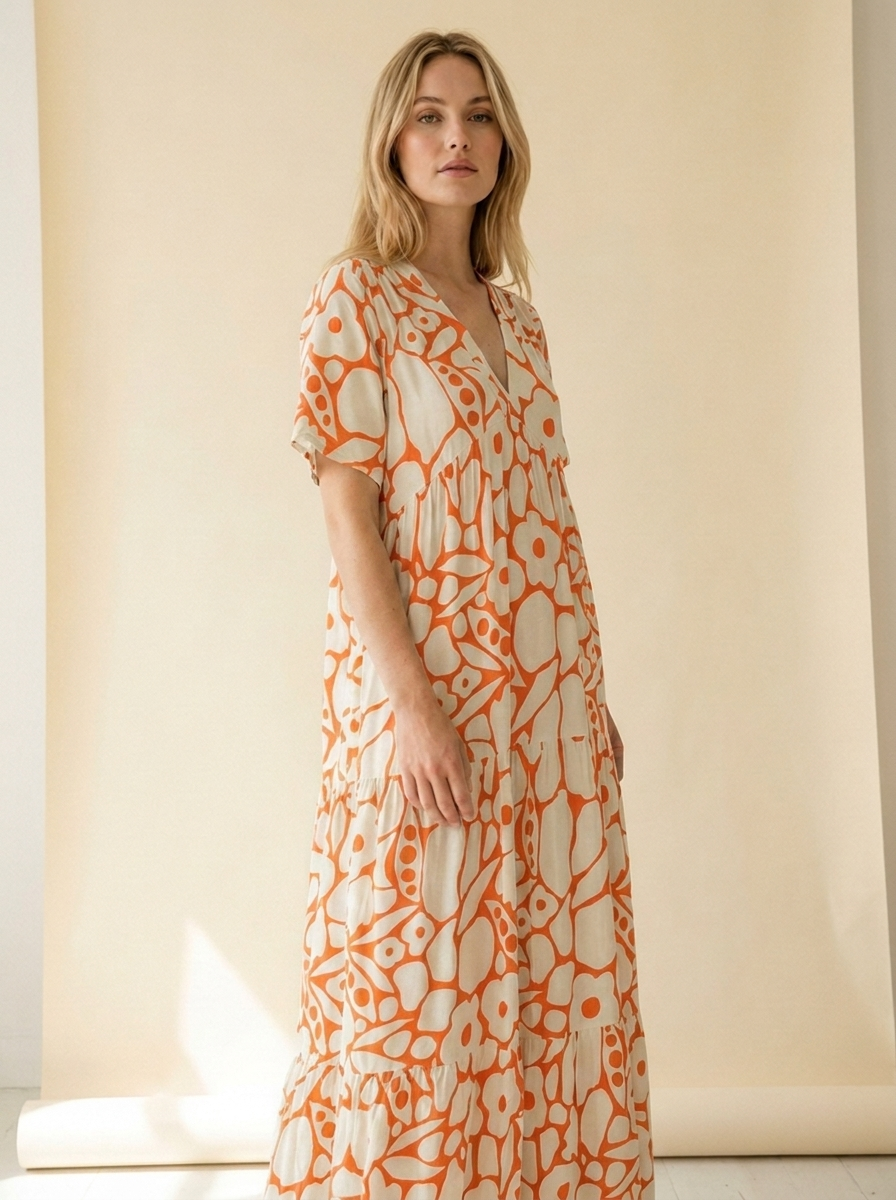 Bedrucktes Maxi-Sommerkleid - Orange - Detail