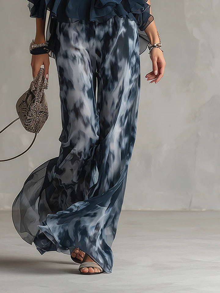 Abstract Print Chiffon Top with Double-Layered Construction and Flowing Design