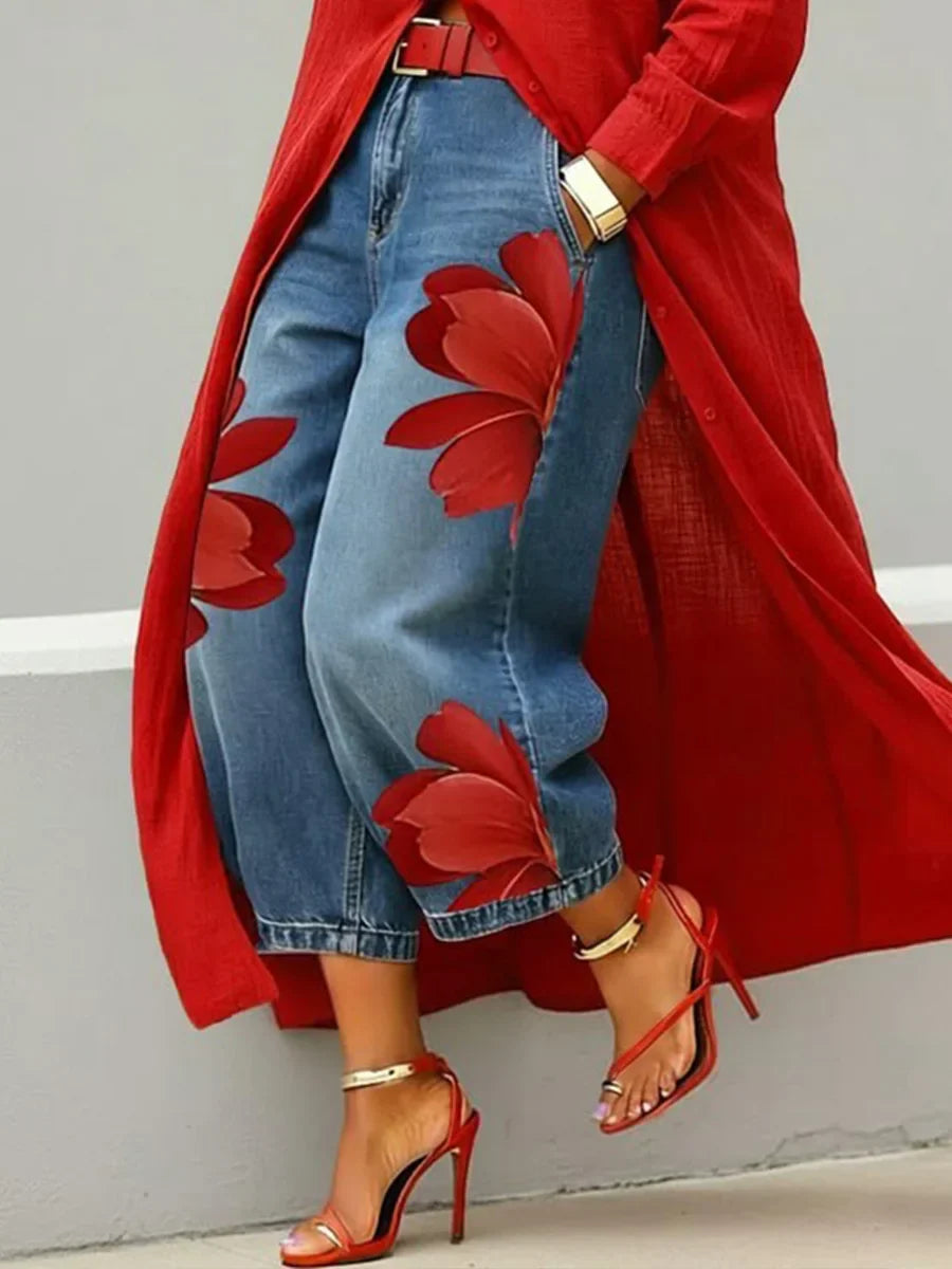 Linen-Cotton Shirt Dress with Red Floral Wide-Leg Jeans Set