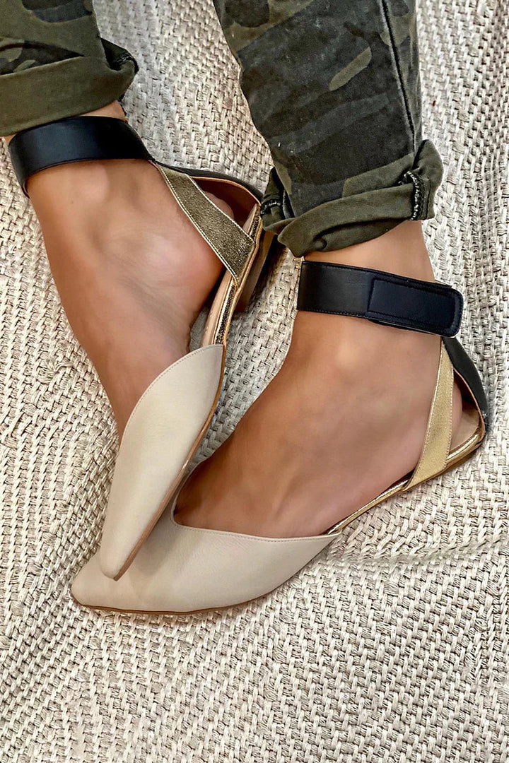 Two-Tone Pointed Toe Flats with Adjustable Ankle Strap and Cushioned Footbed