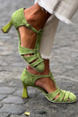Green Suede Multi-Strap Heels with Adjustable Ankle Strap and Block Heel
