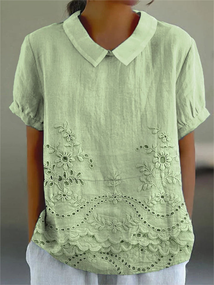 Soft Pink Shirt with Floral Embroidery at Hem and Cotton Linen Blend