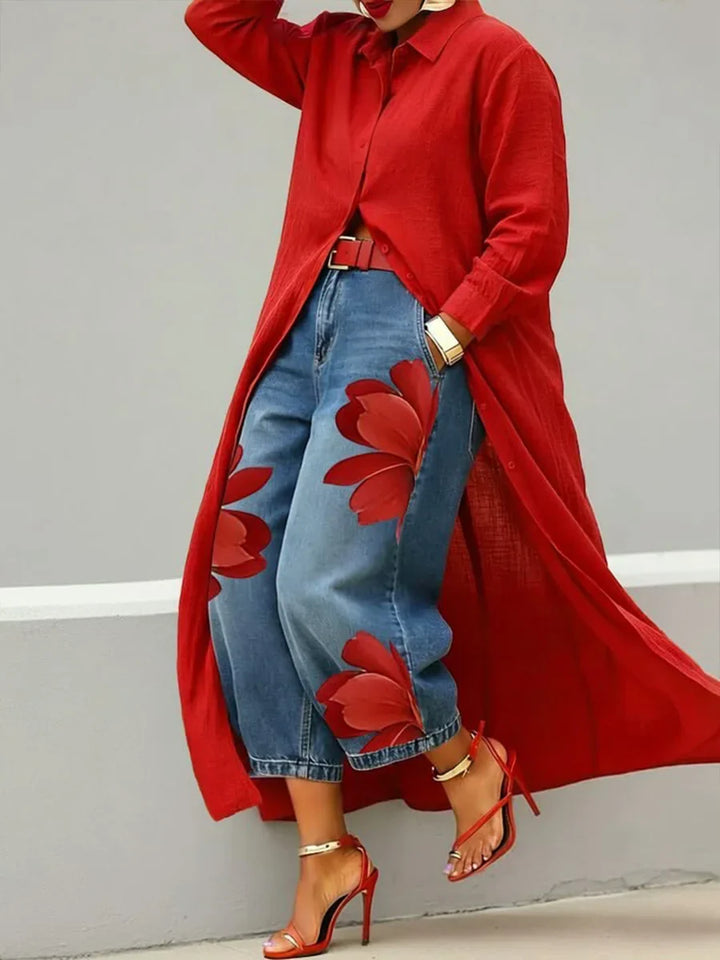 Linen-Cotton Shirt Dress with Red Floral Wide-Leg Jeans Set