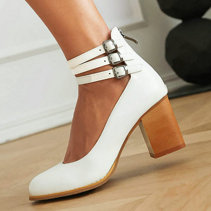 Ankle Strap Block Heel Shoes with Triple Adjustable Buckles