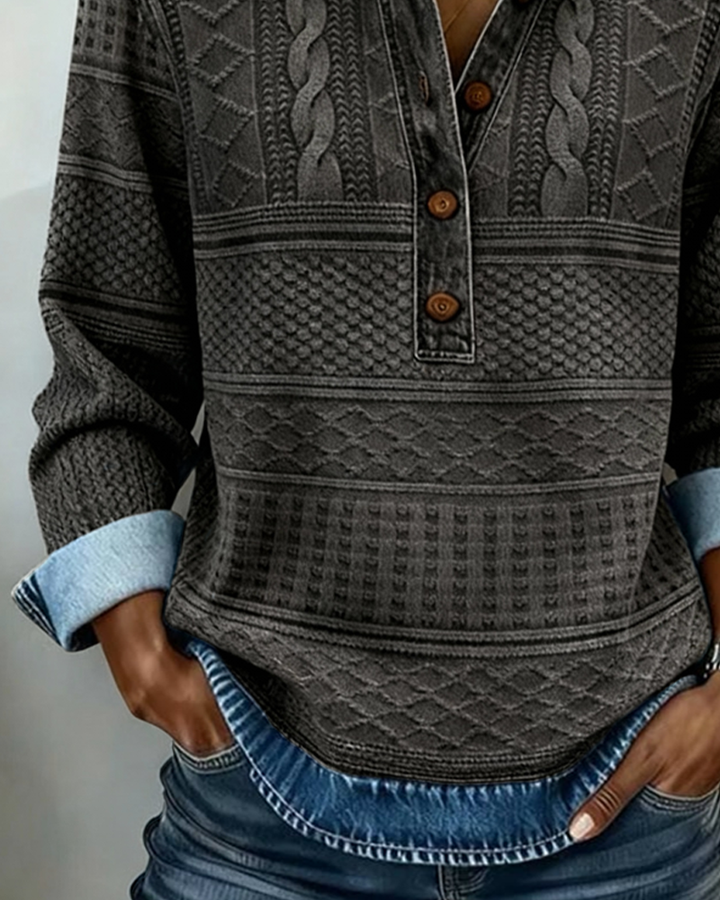 Collared Sweatshirt with Half Button Placket and Textured Knit, Contrast Trim