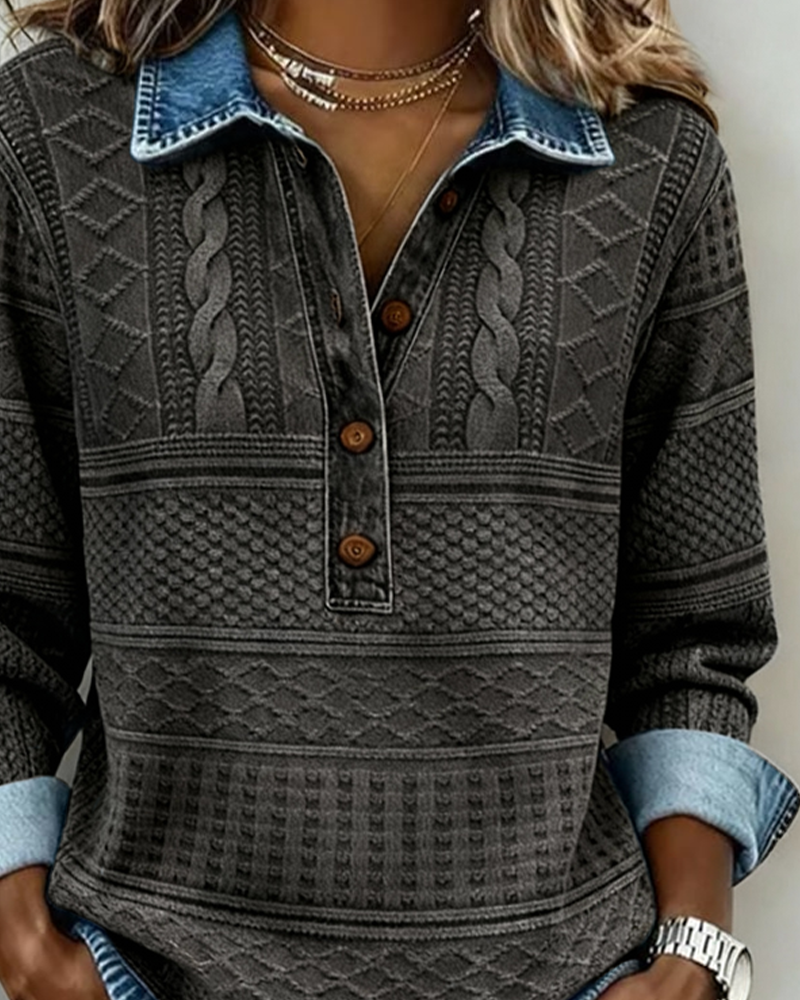 Collared Sweatshirt with Half Button Placket and Textured Knit, Contrast Trim