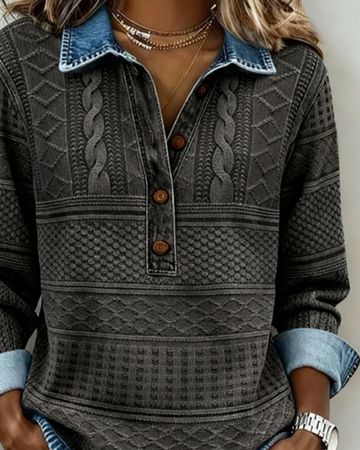 Collared Sweatshirt with Half Button Placket and Textured Knit, Contrast Trim