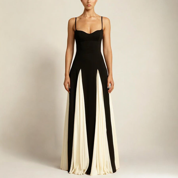 Floor-Length Maxi Dress with Adjustable Straps and Black White Color Blocking