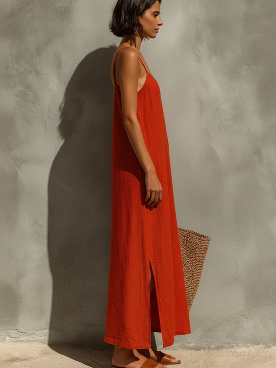 Women's Maxi Dress with Square Neckline and Adjustable Straps, Breathable Fabric