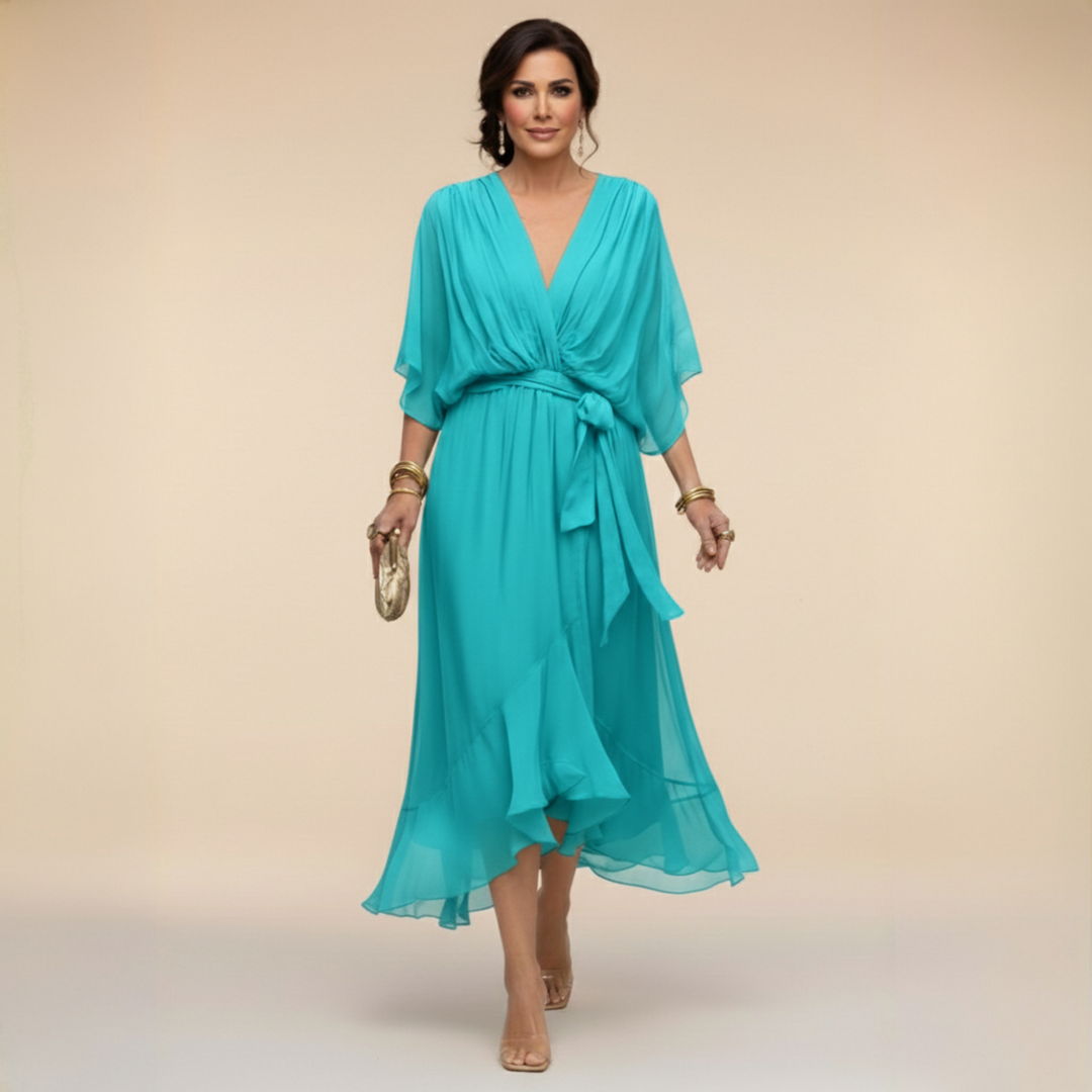 Chiffon V-Neck Dress with Flowing A-Line Silhouette and Lined Interior