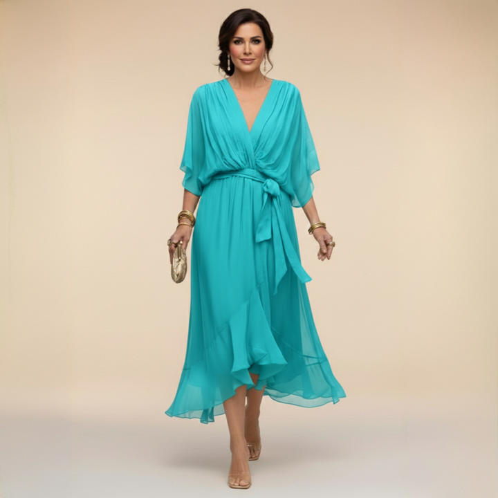 Chiffon V-Neck Dress with Flowing A-Line Silhouette and Lined Interior