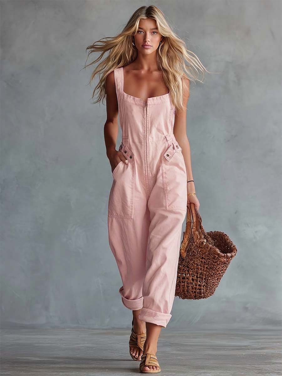 Light Yellow Washed Denim Jumpsuit with Square Neckline and Front Zipper