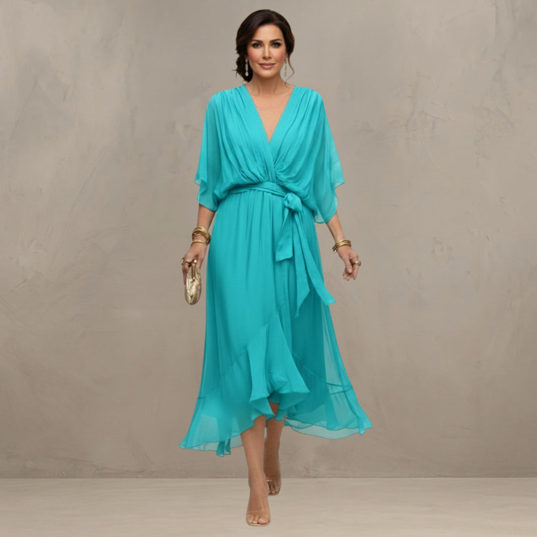 Chiffon Dress with V-Neckline and Flowing Silhouette