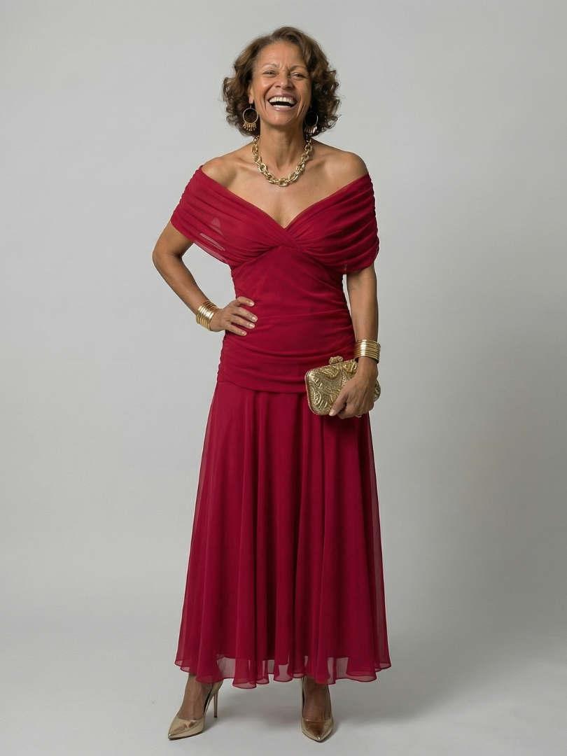 Off Shoulder Midi Dress with Draped Neckline and Flared Skirt