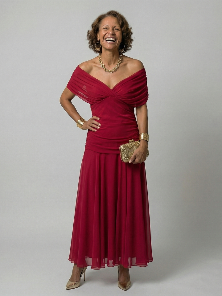 Off Shoulder Midi Dress with Draped Neckline and Flared Skirt