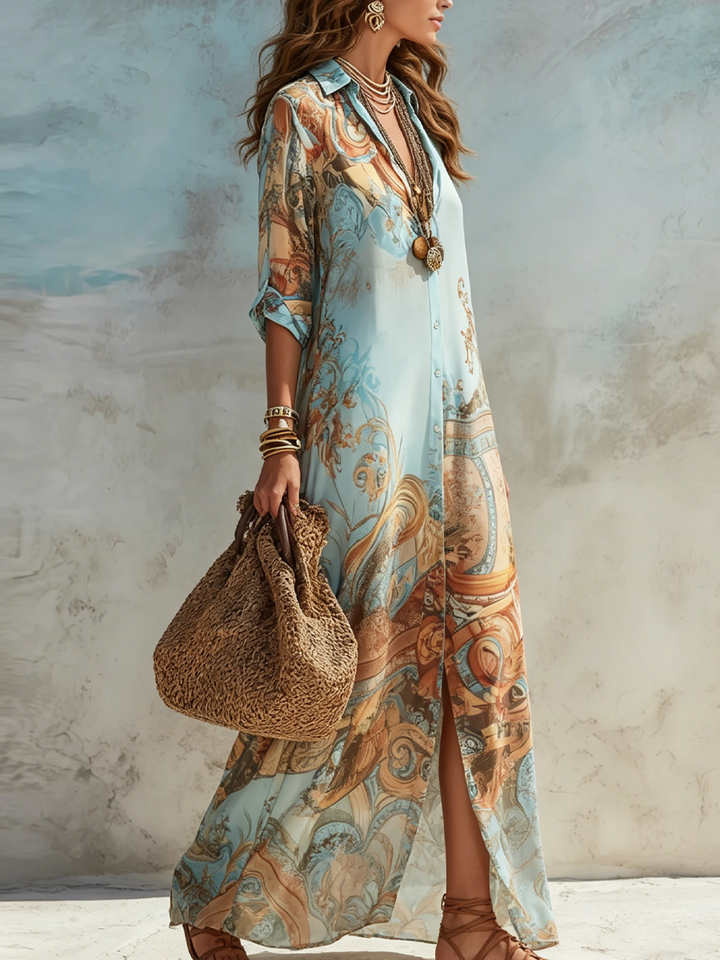 Blue Print Midi Shirt Dress with Self-Tie Belt and Roll-Up Sleeves