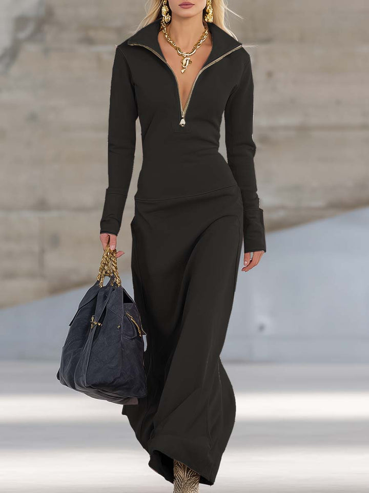 Pink V-Neck Maxi Dress with Front Zipper and Long Sleeves, Fitted Sporty Style