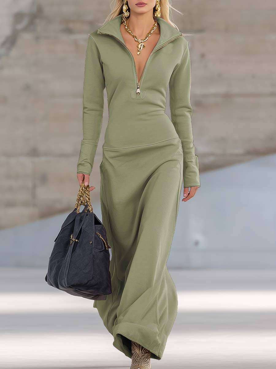 Pink V-Neck Maxi Dress with Front Zipper and Long Sleeves, Fitted Sporty Style
