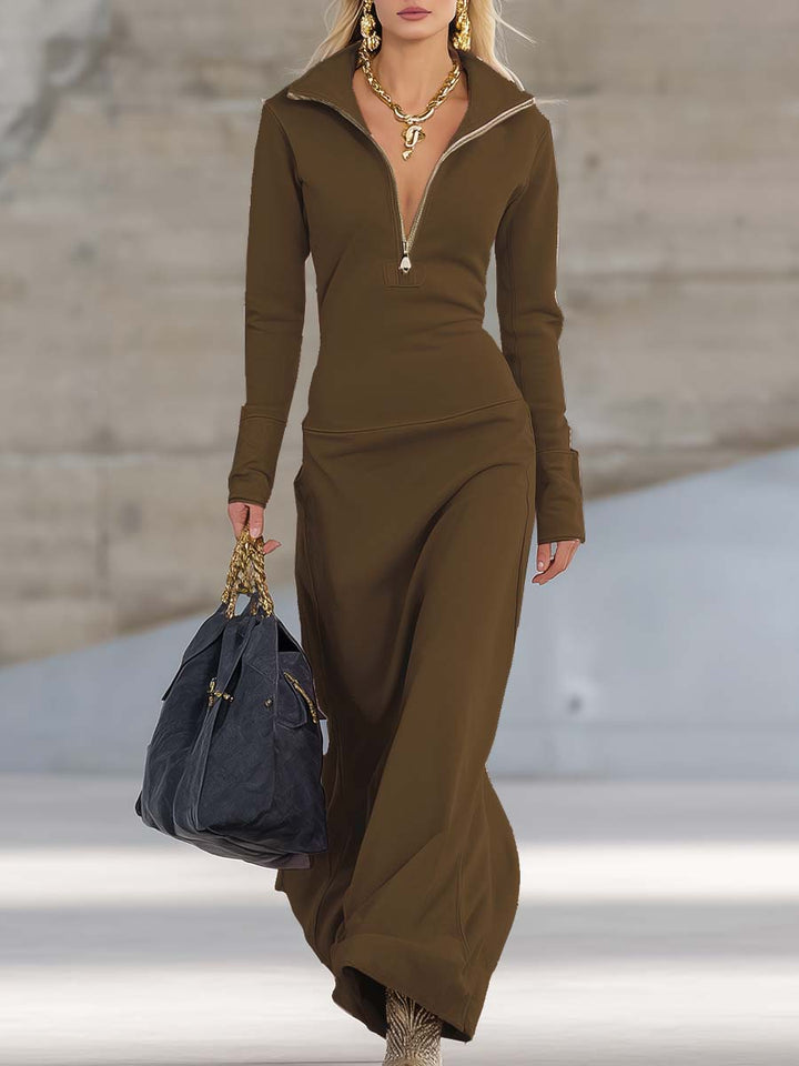 Pink V-Neck Maxi Dress with Front Zipper and Long Sleeves, Fitted Sporty Style