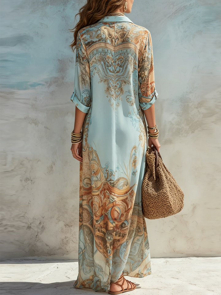 Blue Print Midi Shirt Dress with Self-Tie Belt and Roll-Up Sleeves