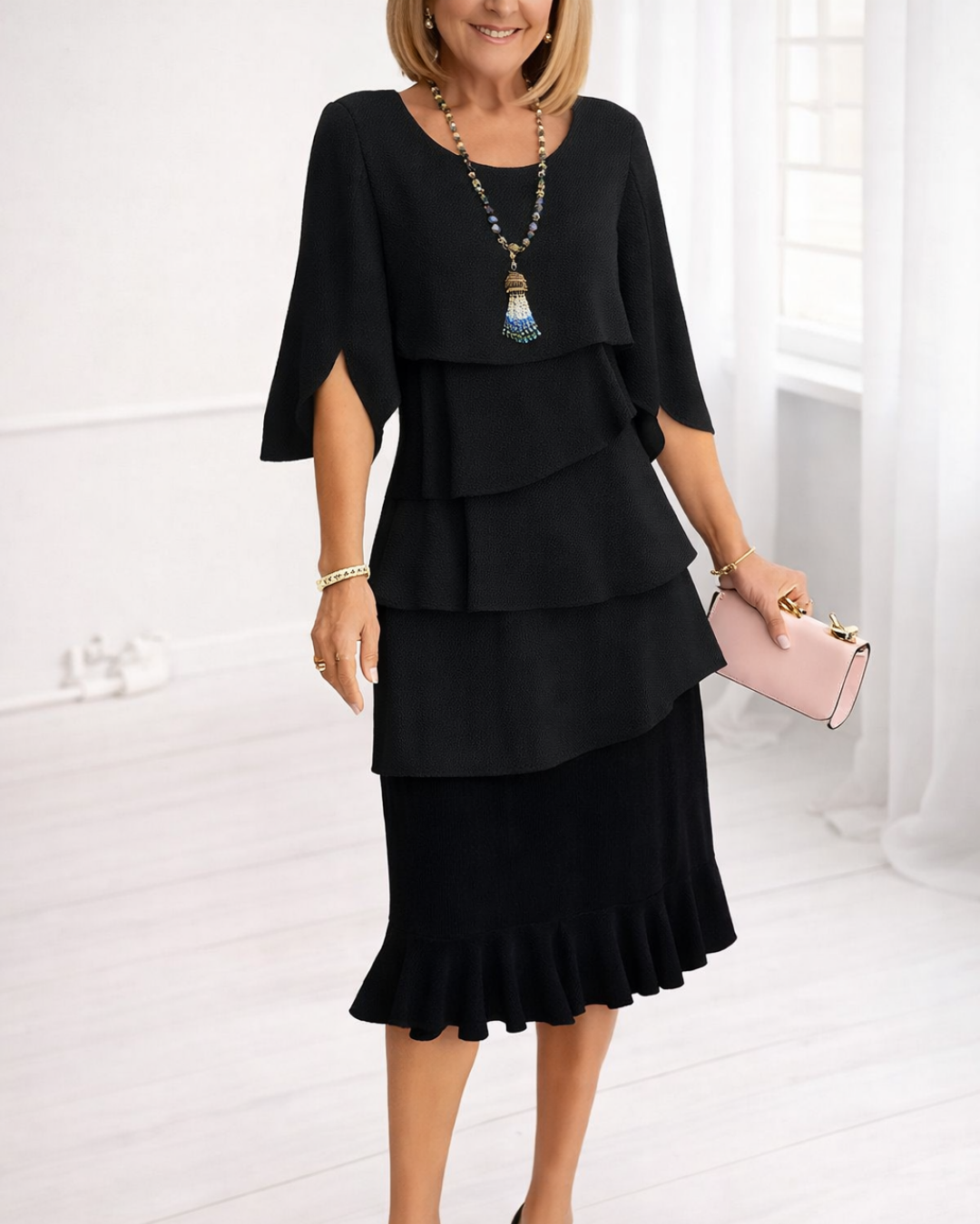 A-Line Tiered Ruffle Dress with Short Sleeves and Rounded Neckline