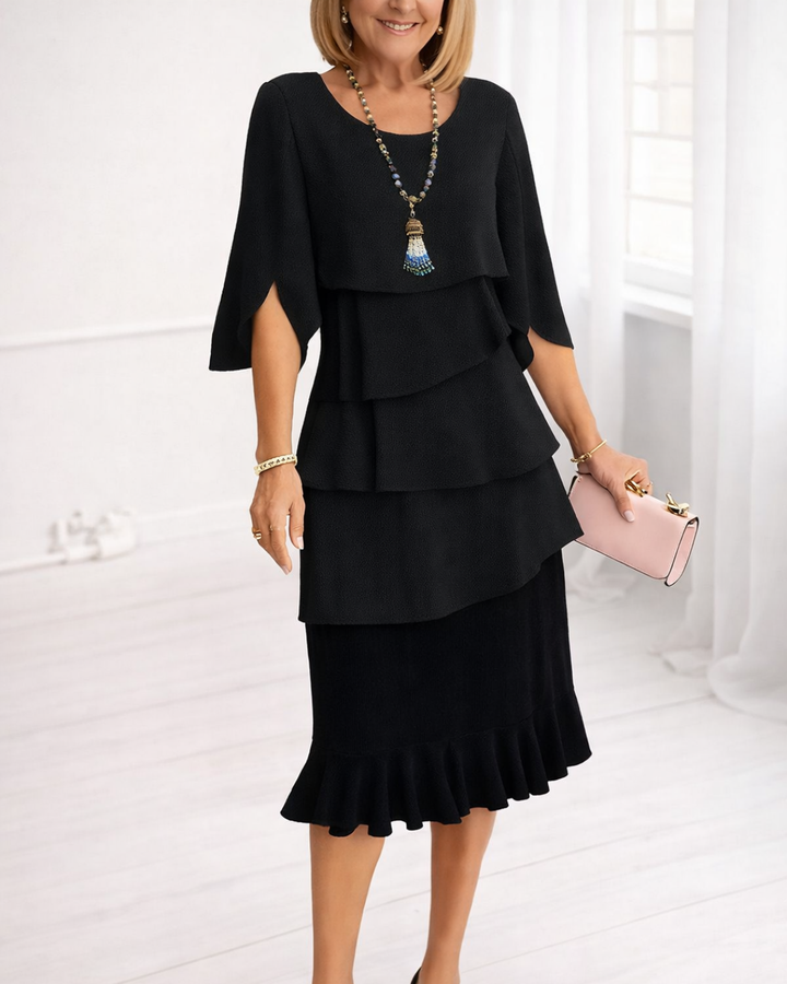 A-Line Tiered Ruffle Dress with Short Sleeves and Rounded Neckline