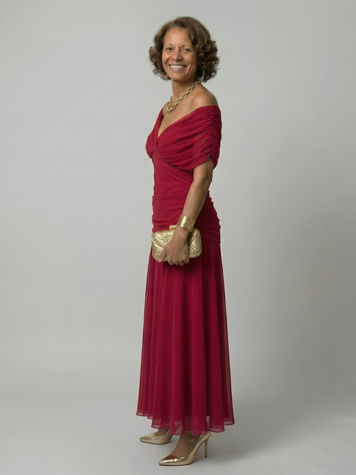 Off Shoulder Midi Dress with Draped Neckline and Flared Skirt