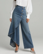 Wrap-Style Denim Trousers with Flexible Drape and Versatile Wash