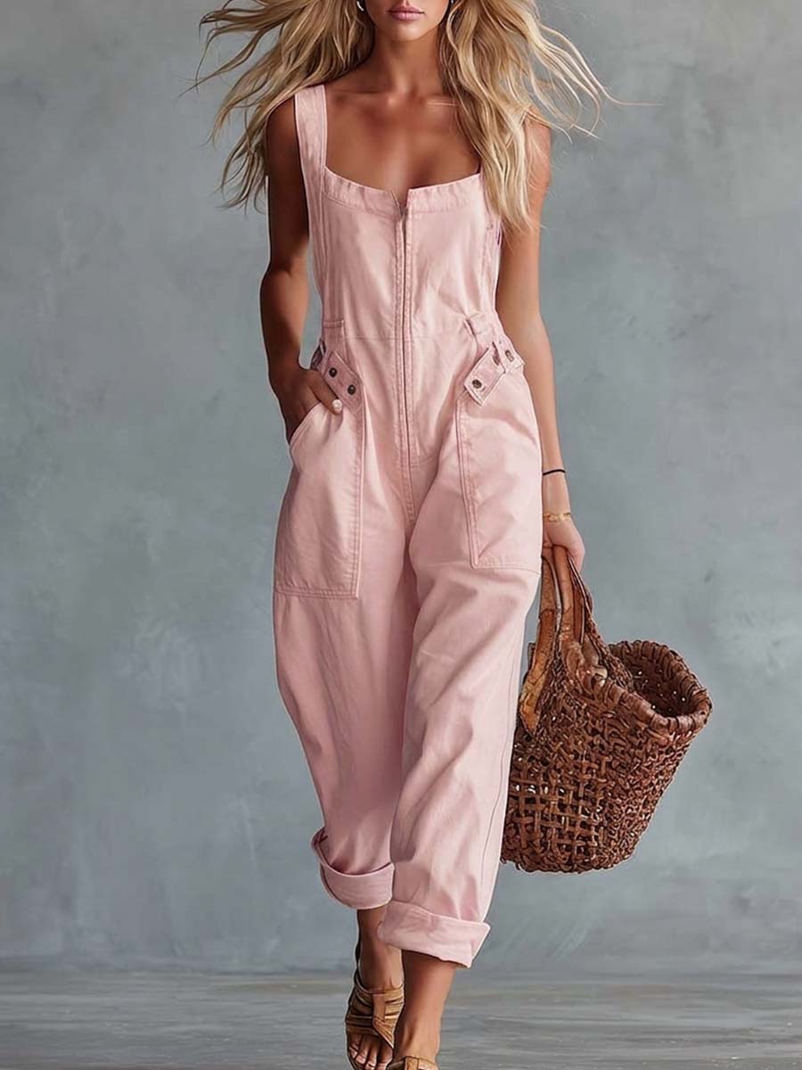 Light Yellow Washed Denim Jumpsuit with Square Neckline and Front Zipper
