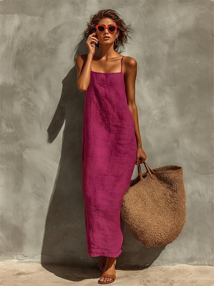 Women's Maxi Dress with Square Neckline and Adjustable Straps, Breathable Fabric