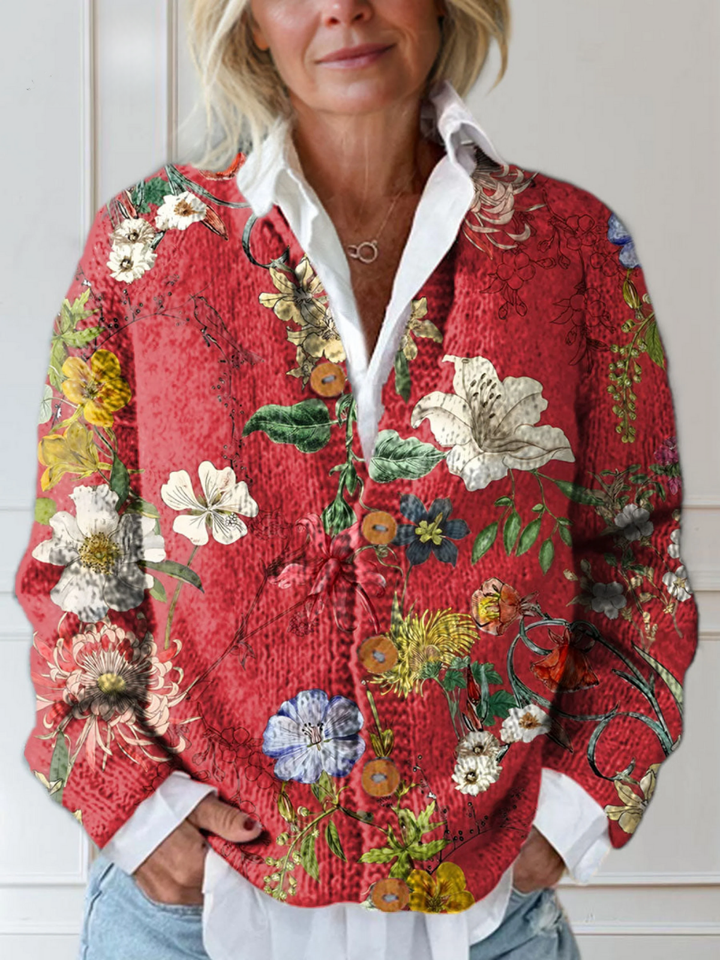 Women's Open-Front Cardigan Sweater with Vintage Floral Print