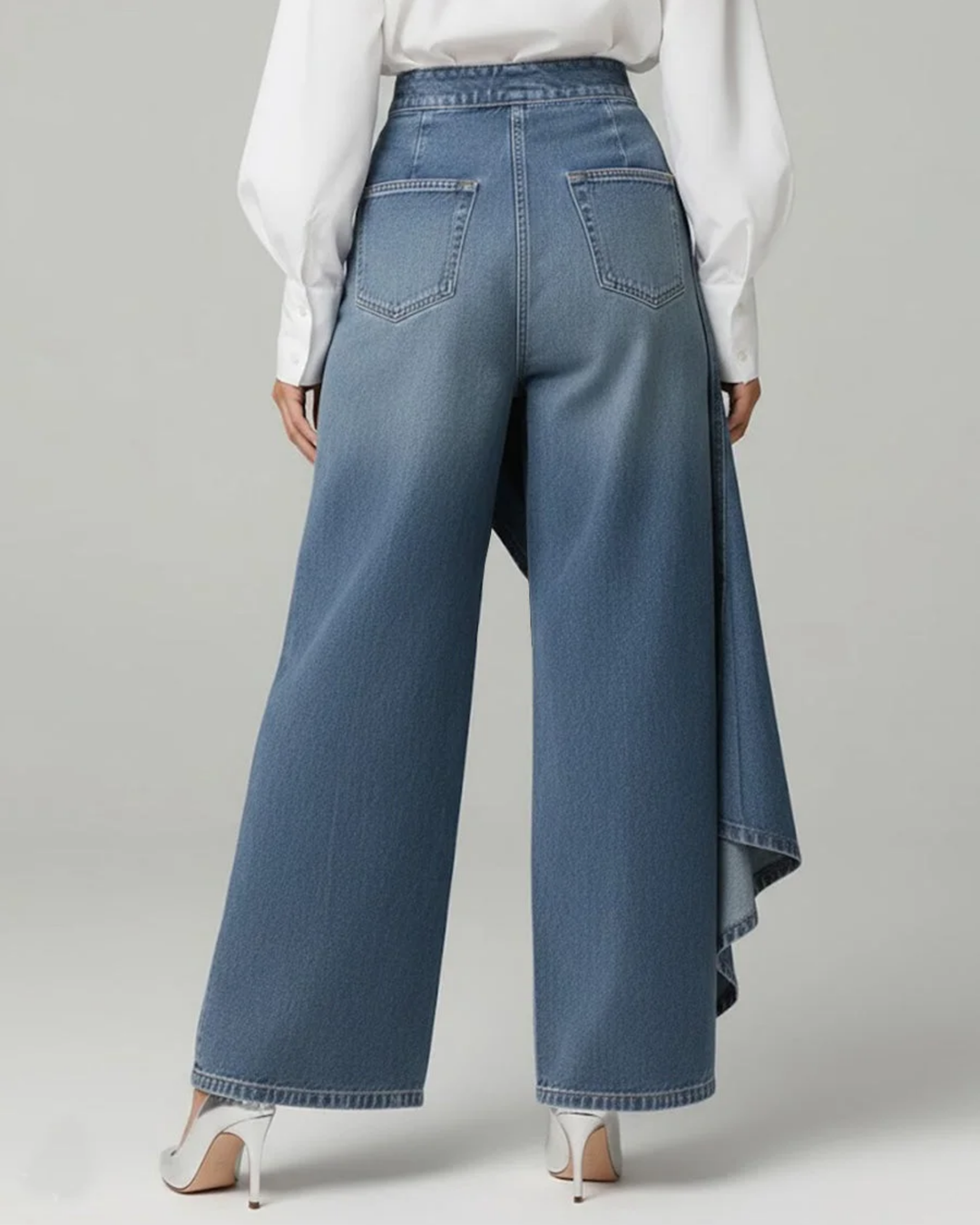 Wrap-Style Denim Trousers with Flexible Drape and Versatile Wash
